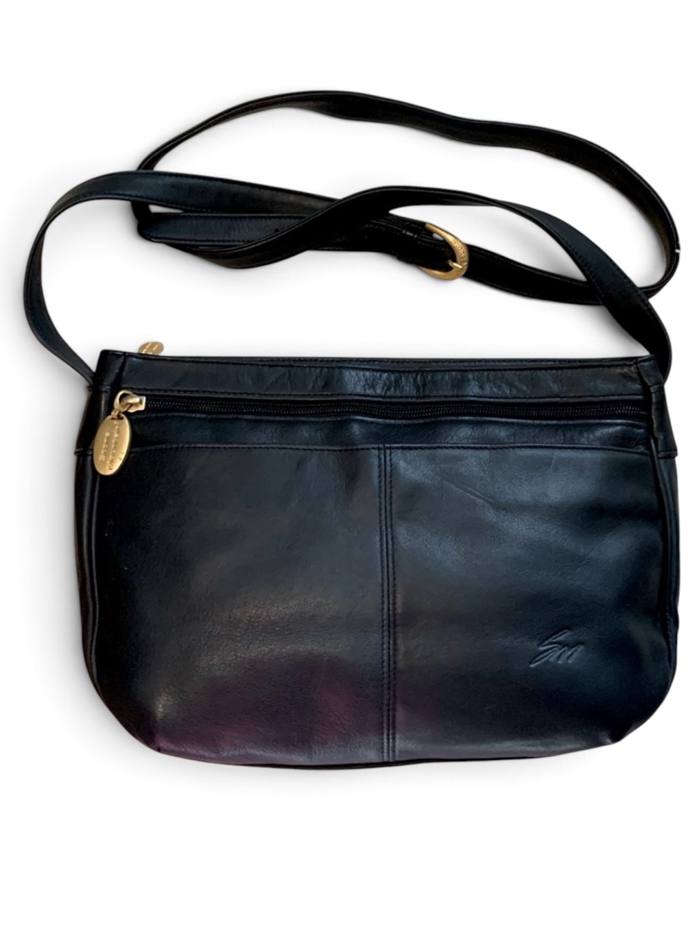 Stone Mountain Accessories Black Leather Crossbody with Gold Accents